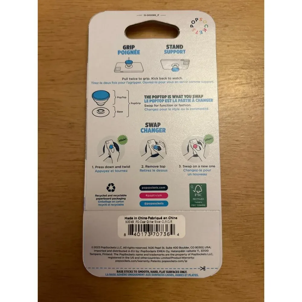 New Popsockets Swappable Top Phone Grip & Stand Clear with Silver Glitter
